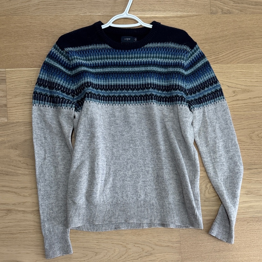J. Crew Crewneck Sweater in Light Gray with Navy and Blue Fair Isle Yoke